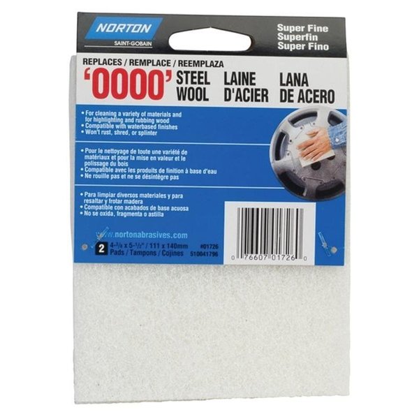 Norton Co 0 Steel Wool, 438 in L, 512 in W, 0000 Grit, Super Fine, White 1726